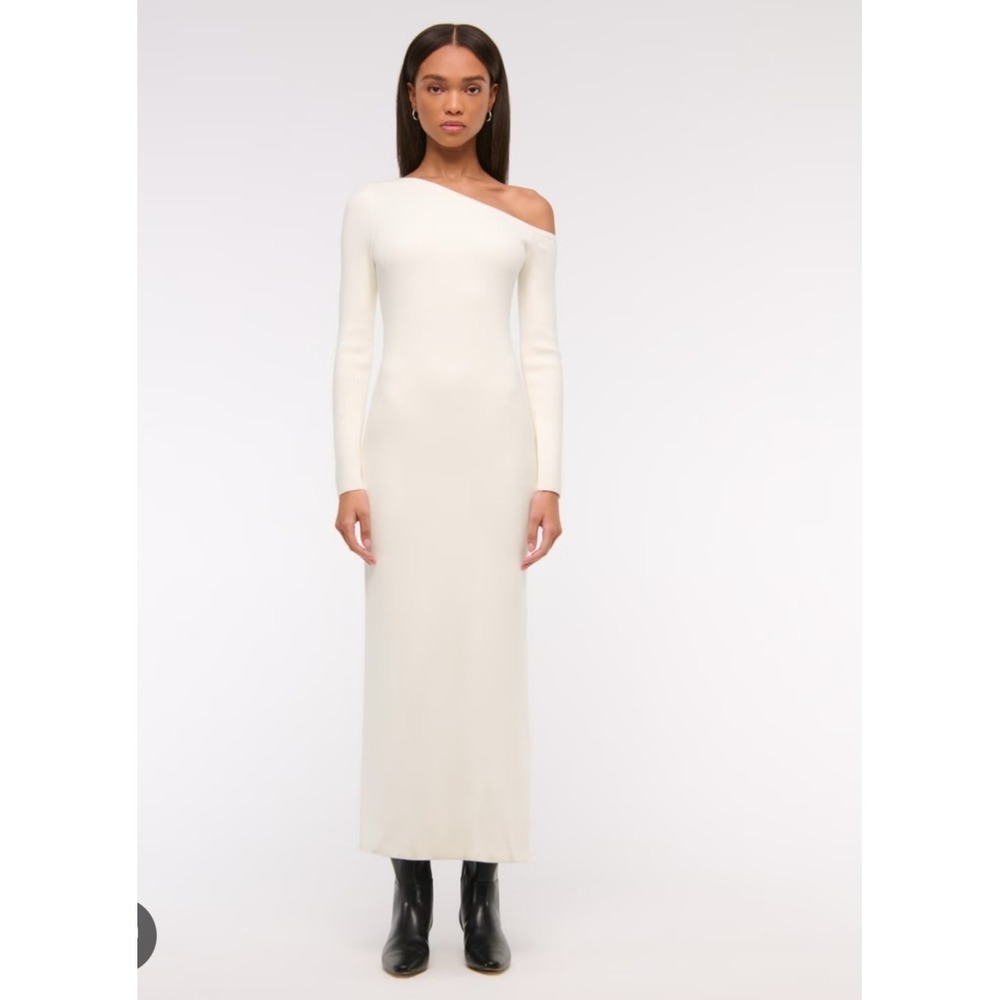 Abercrombie & Fitch Cream Off Shoulder Ribbed Knit Maxi Dress M Quiet Luxury